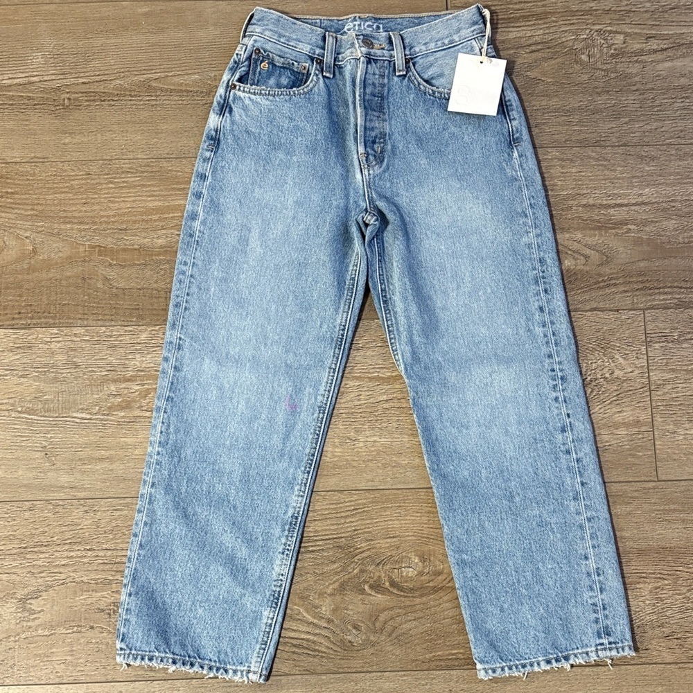 Etica Tyler Straight Leg Cropped High Waisted Jeans in Sea Wall Light Blue